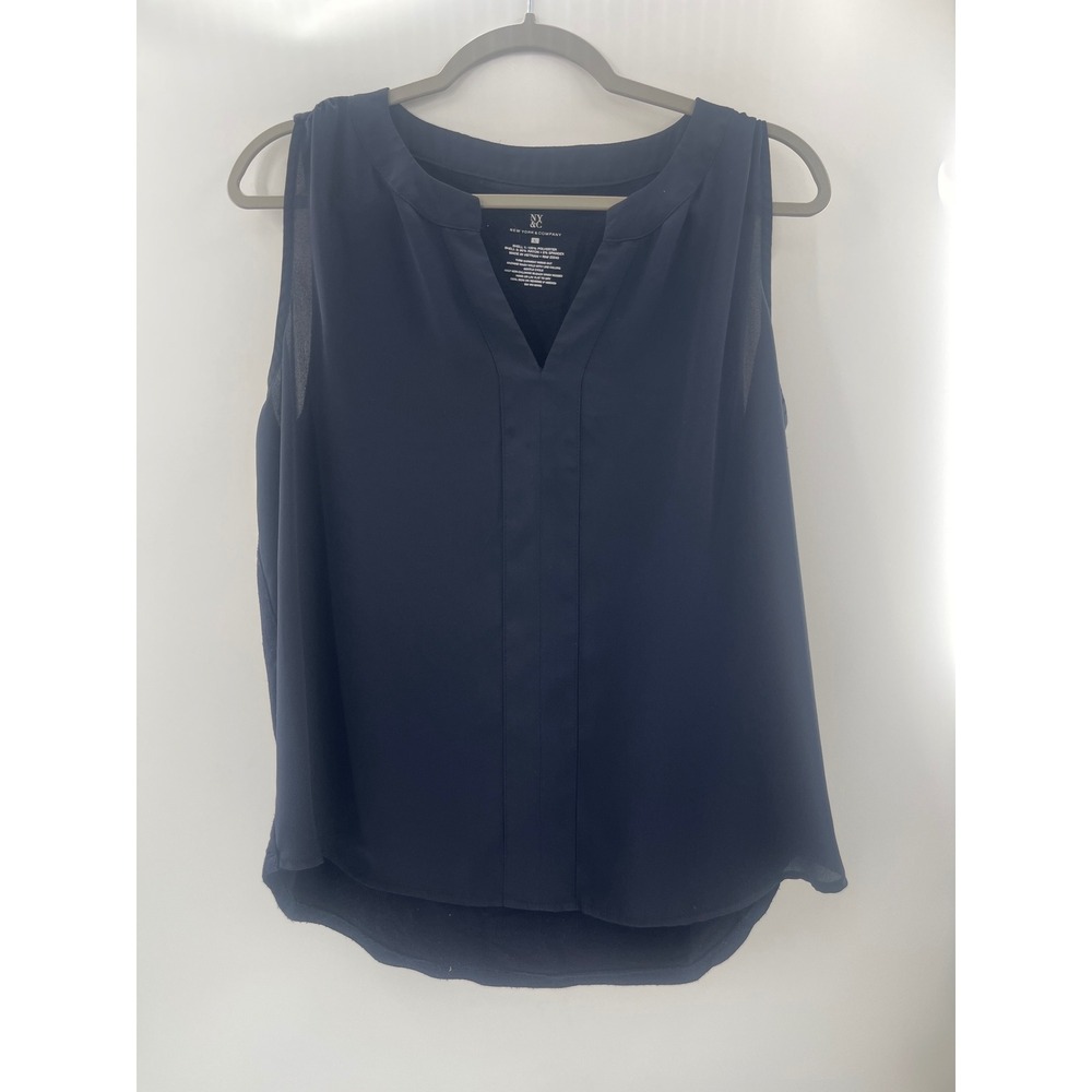 New York & Company Navy‎ Blue Sleeveless Split Neck Chiffon Blouse Large